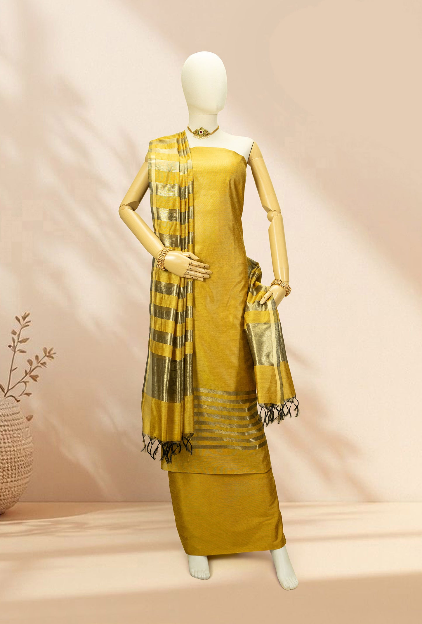 Mustard Yellow & Antique Gold Silk Kurta Set With Dupatta & Pants