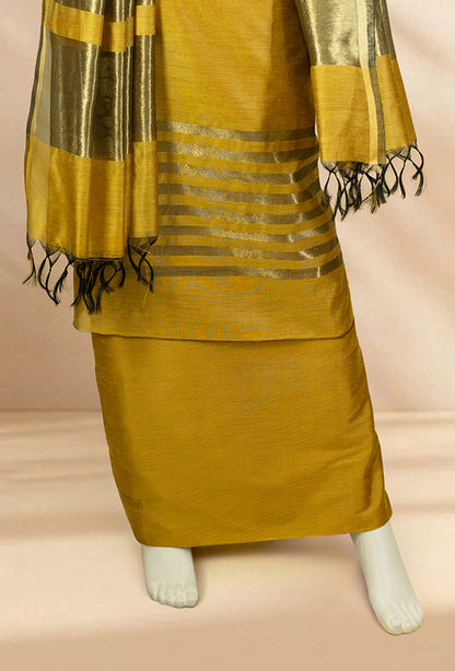 Mustard Yellow & Antique Gold Silk Kurta Set With Dupatta & Pants