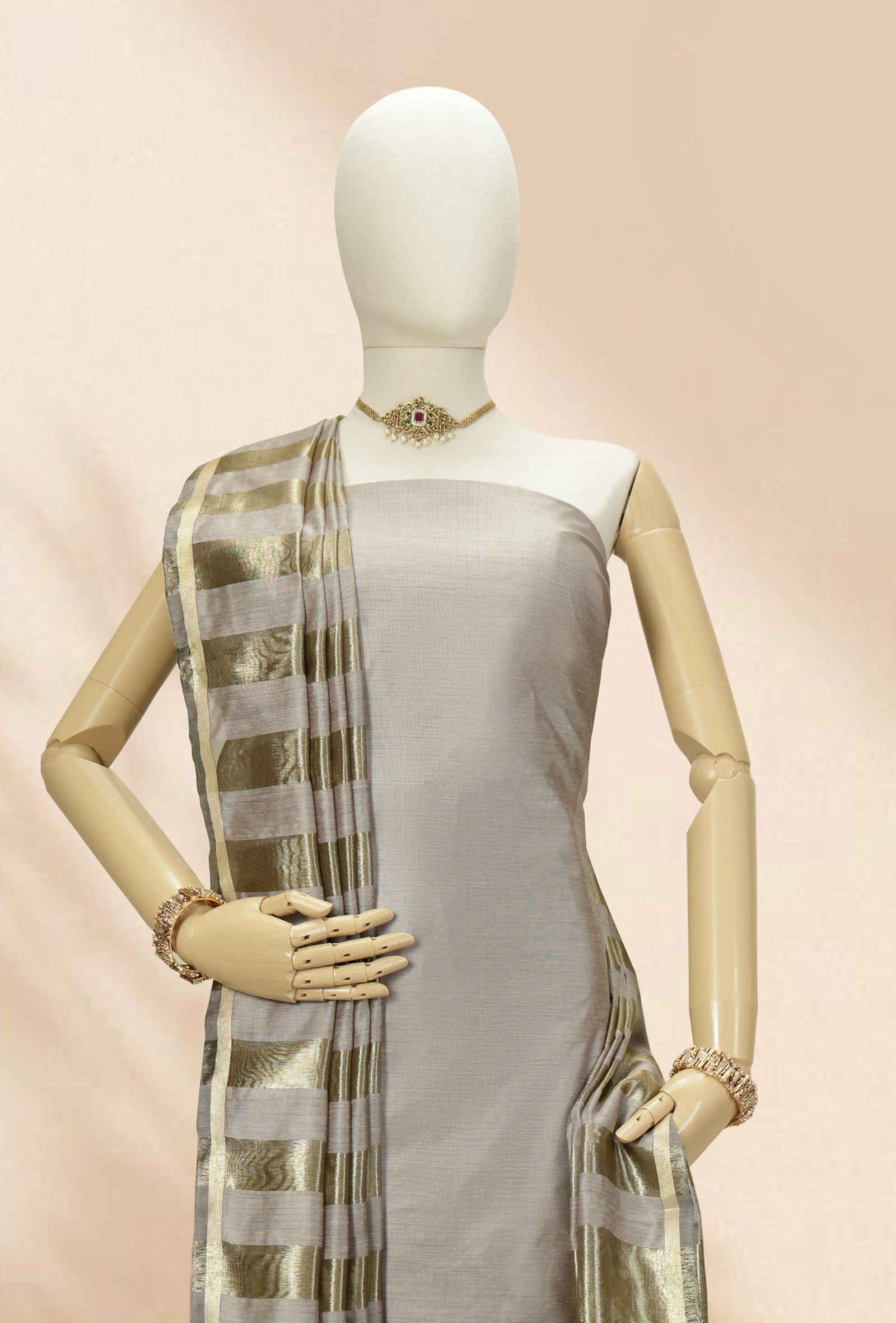 Brownish Grey Silk Kurta Set With Dupatta & Pants