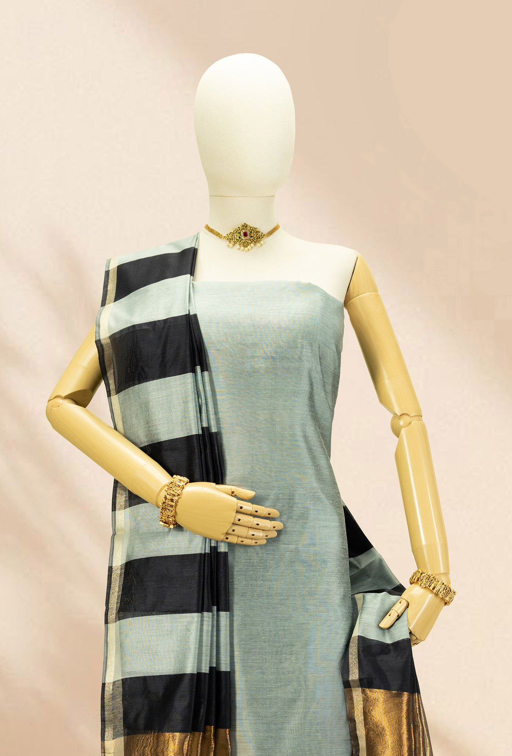 Black Grey & Antique Gold Silk Kurta Set With Dupatta & Pants