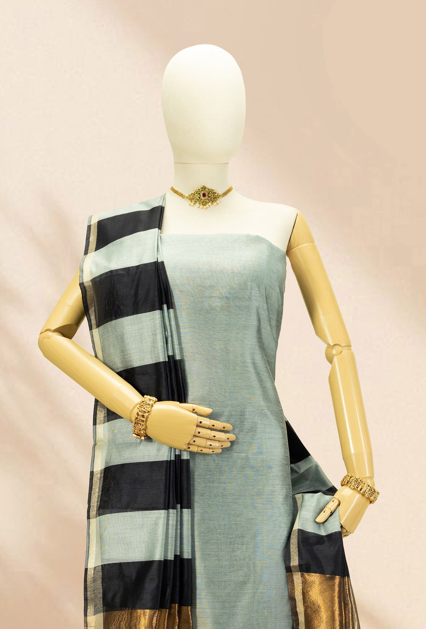 Black Grey & Antique Gold Silk Kurta Set With Dupatta & Pants