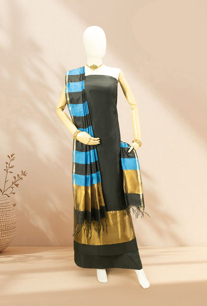 Black & Blue Silk Kurta Set With Antique Gold Embroidery, Dupatta & Pants