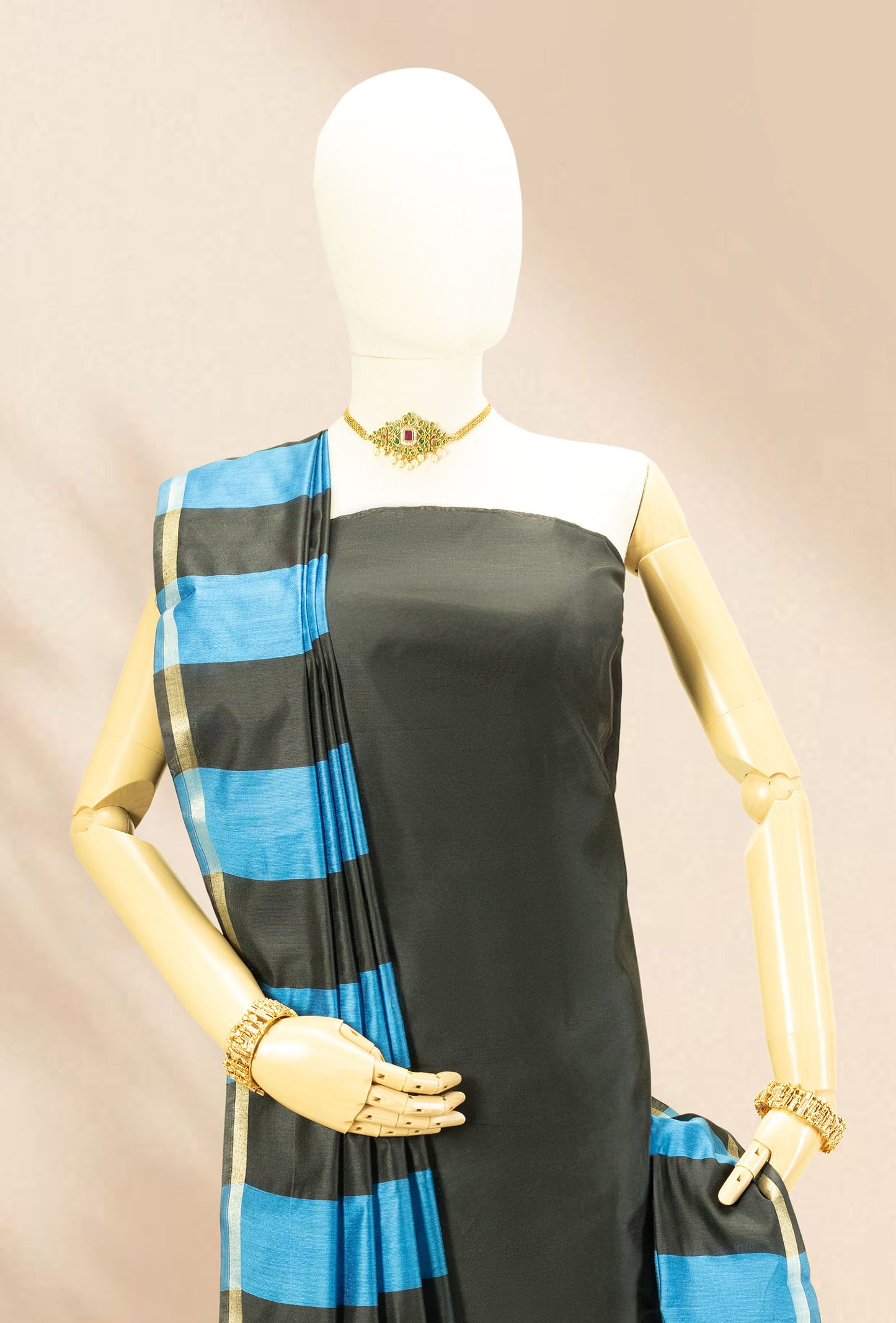 Black & Blue Silk Kurta Set With Antique Gold Embroidery, Dupatta & Pants