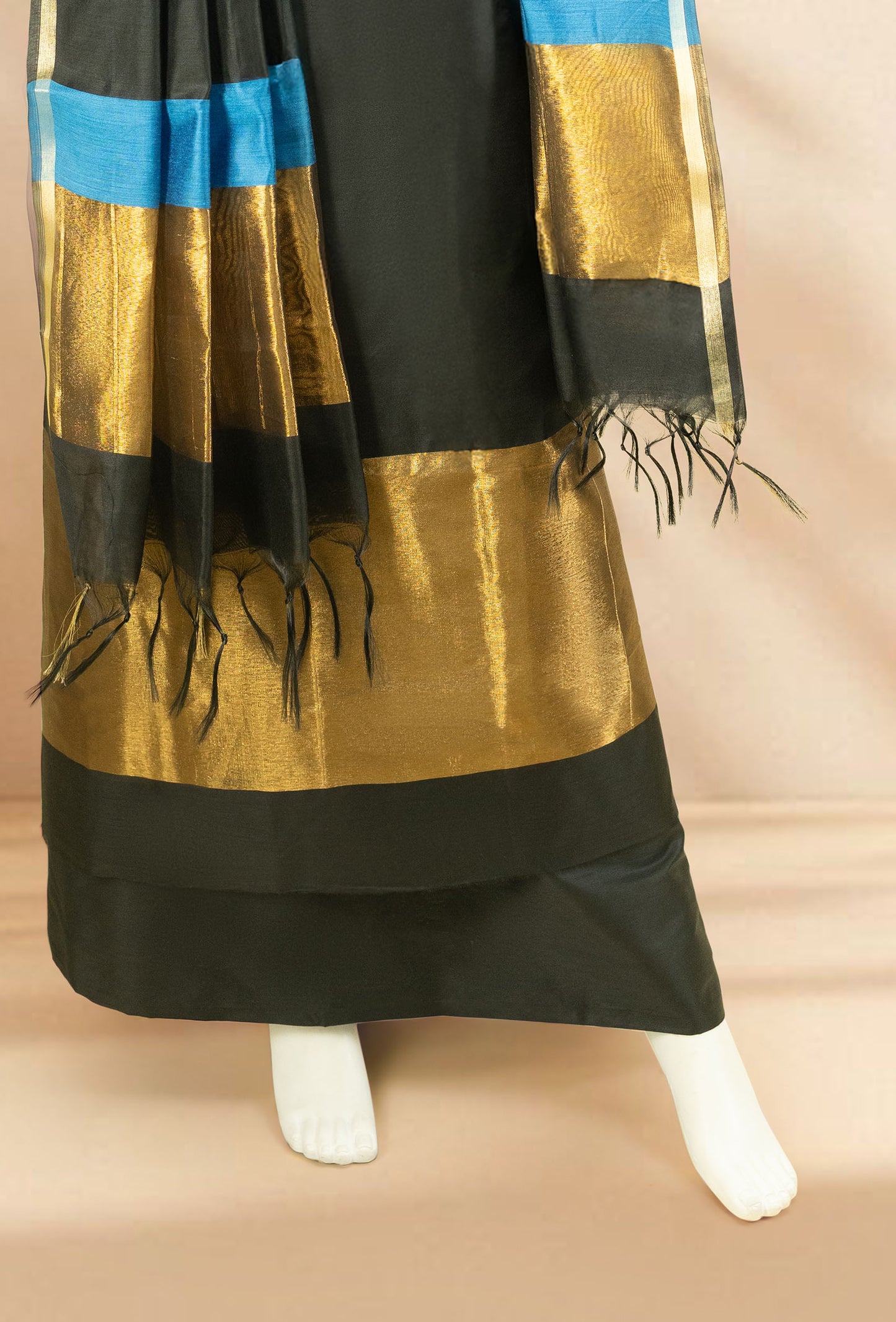 Black & Blue Silk Kurta Set With Antique Gold Embroidery, Dupatta & Pants