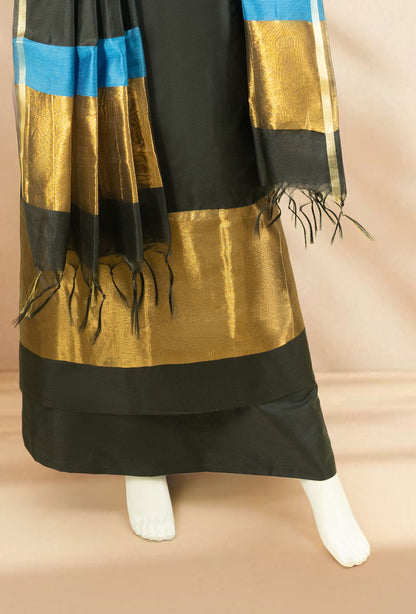 Black & Blue Silk Kurta Set With Antique Gold Embroidery, Dupatta & Pants