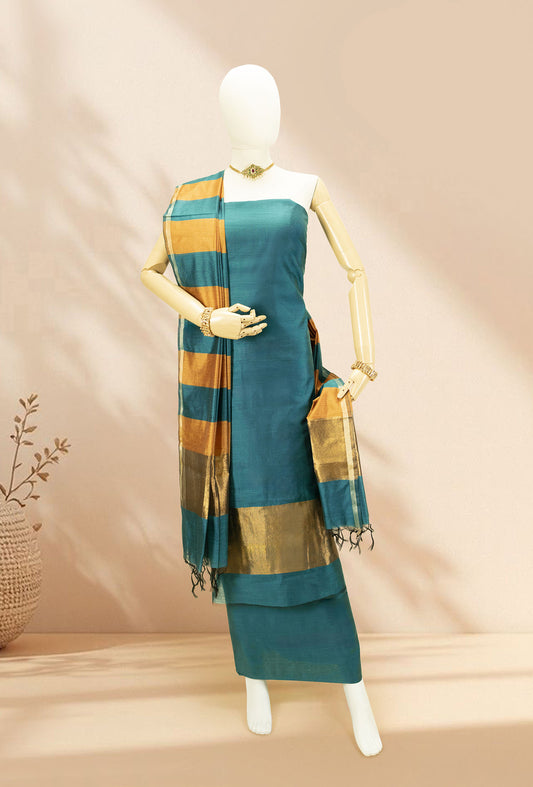 Teal Blue & Mustard Silk Kurta Set With Dupatta & Pants