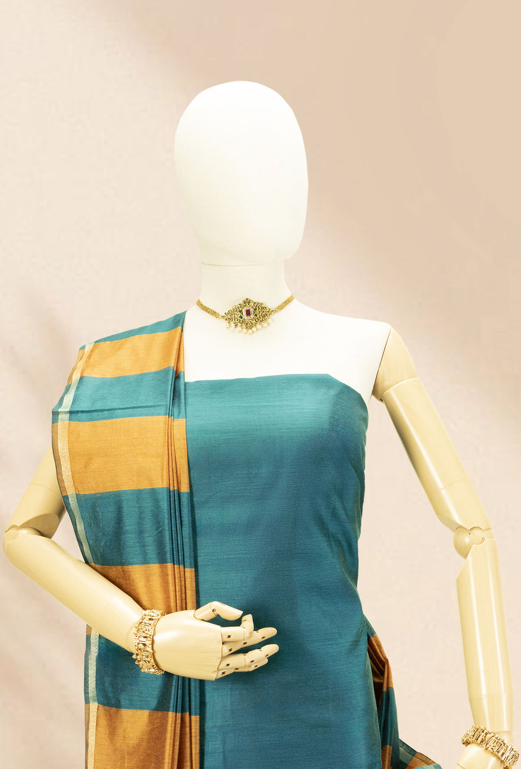 Teal Blue & Mustard Silk Kurta Set With Dupatta & Pants