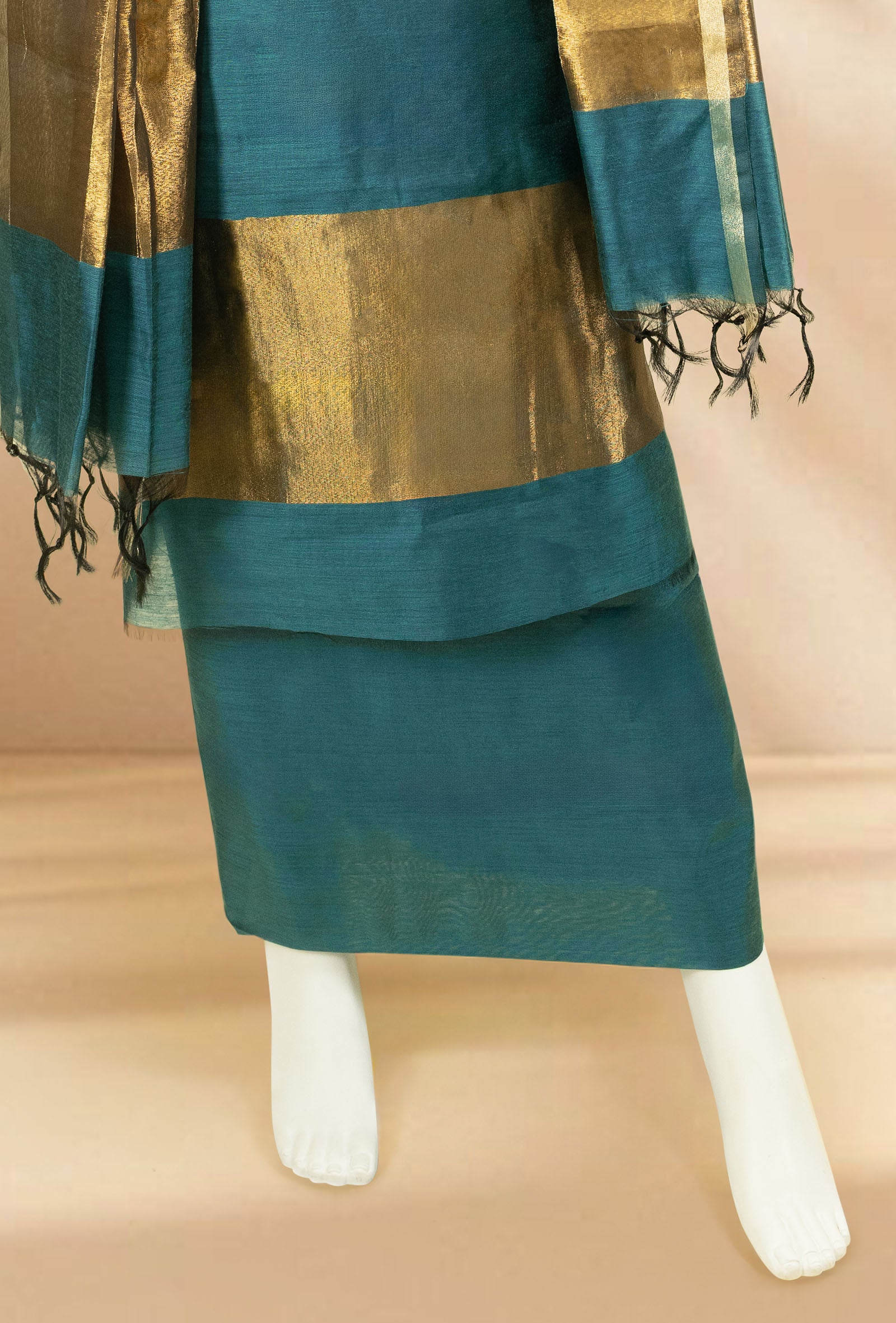 Teal Blue & Mustard Silk Kurta Set With Dupatta & Pants