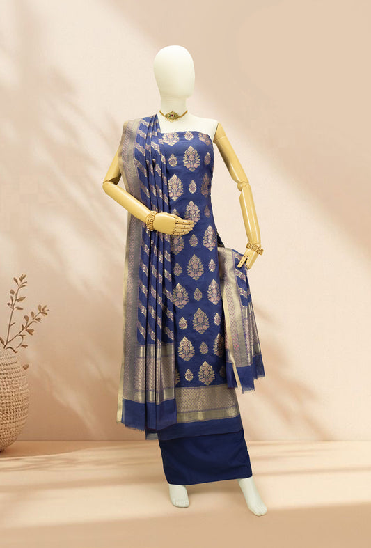 Royal Blue Chanderi Kurta Set With Cotton Silk Pants & Dupatta