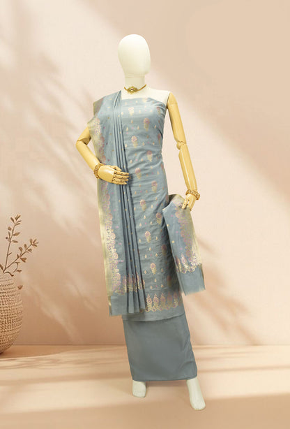Grey Chanderi Kurta Set With Cotton Silk Pants & Dupatta