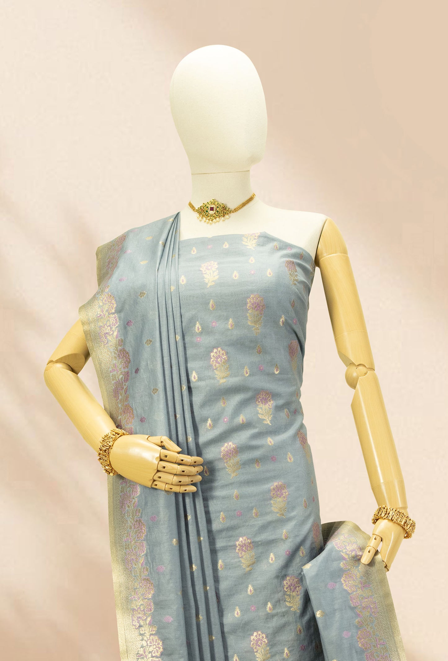 Grey Chanderi Kurta Set With Cotton Silk Pants & Dupatta