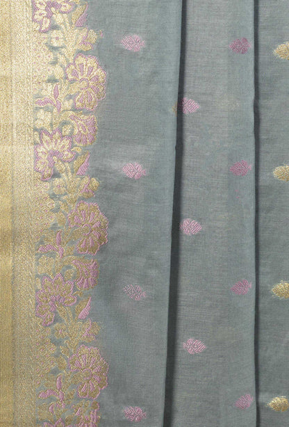 Grey Chanderi Kurta Set With Cotton Silk Pants & Dupatta