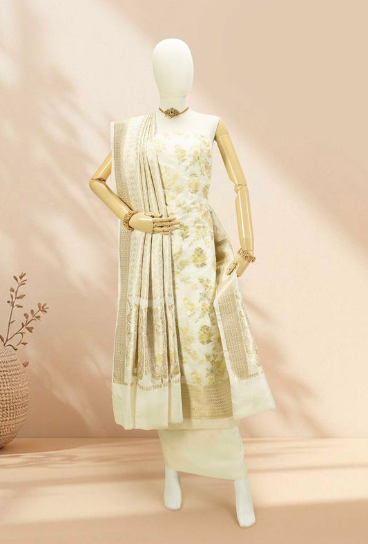 Cream Blossom Chanderi Silk Suit Set With Yellow & Green Floral Butta