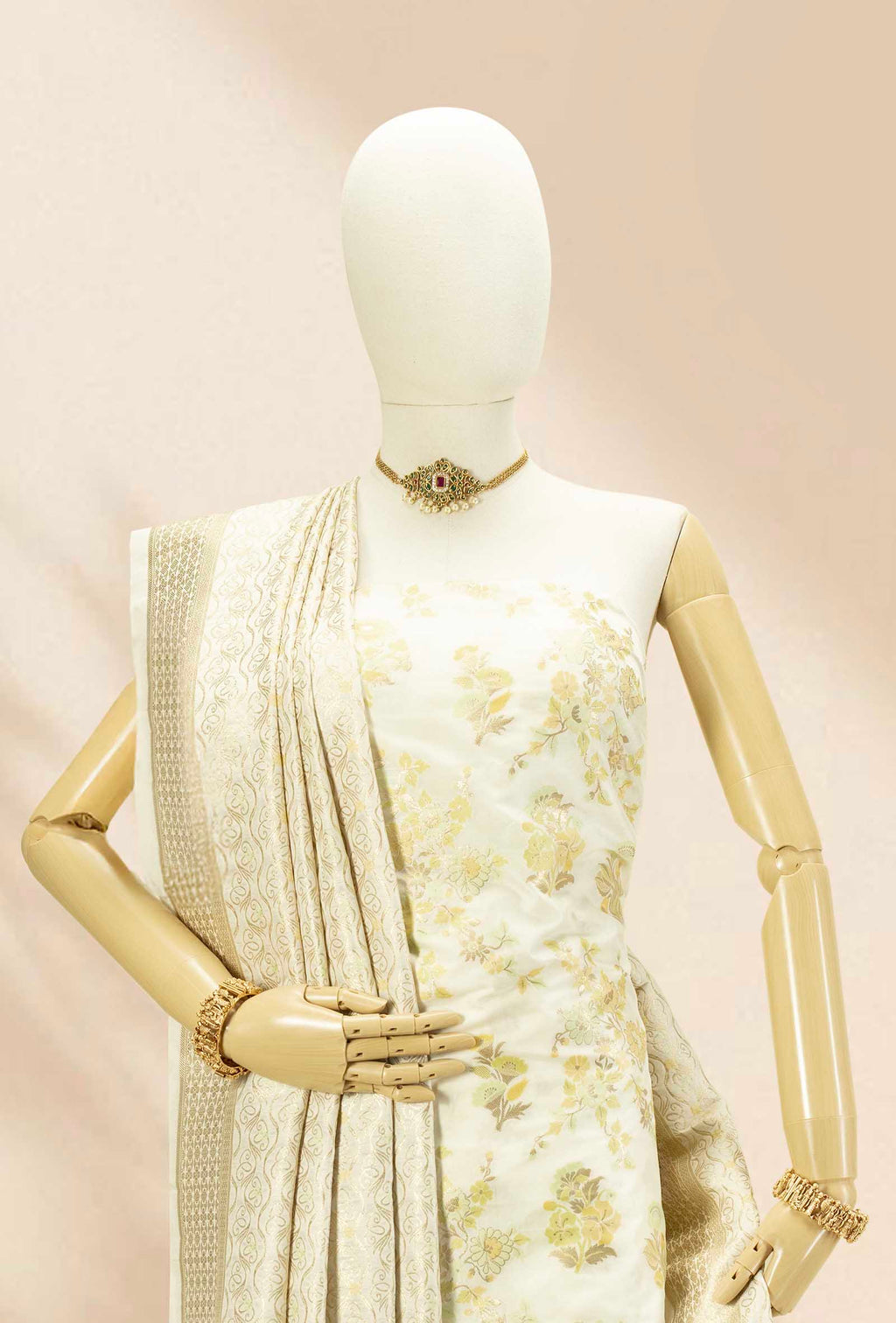Cream Blossom Chanderi Silk Suit Set With Yellow & Green Floral Butta