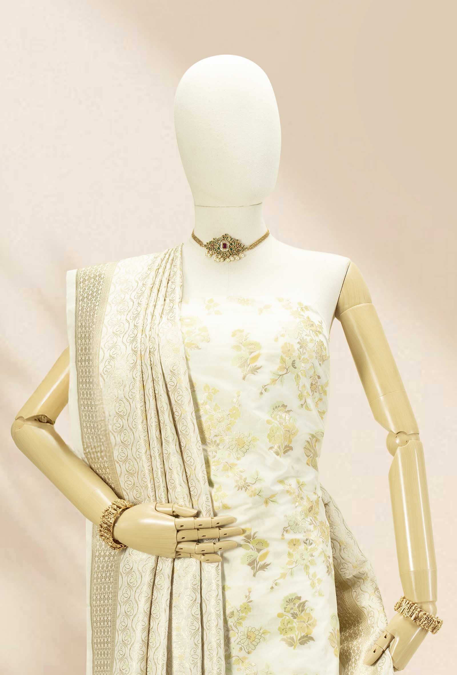 Cream Blossom Chanderi Silk Suit Set With Yellow & Green Floral Butta