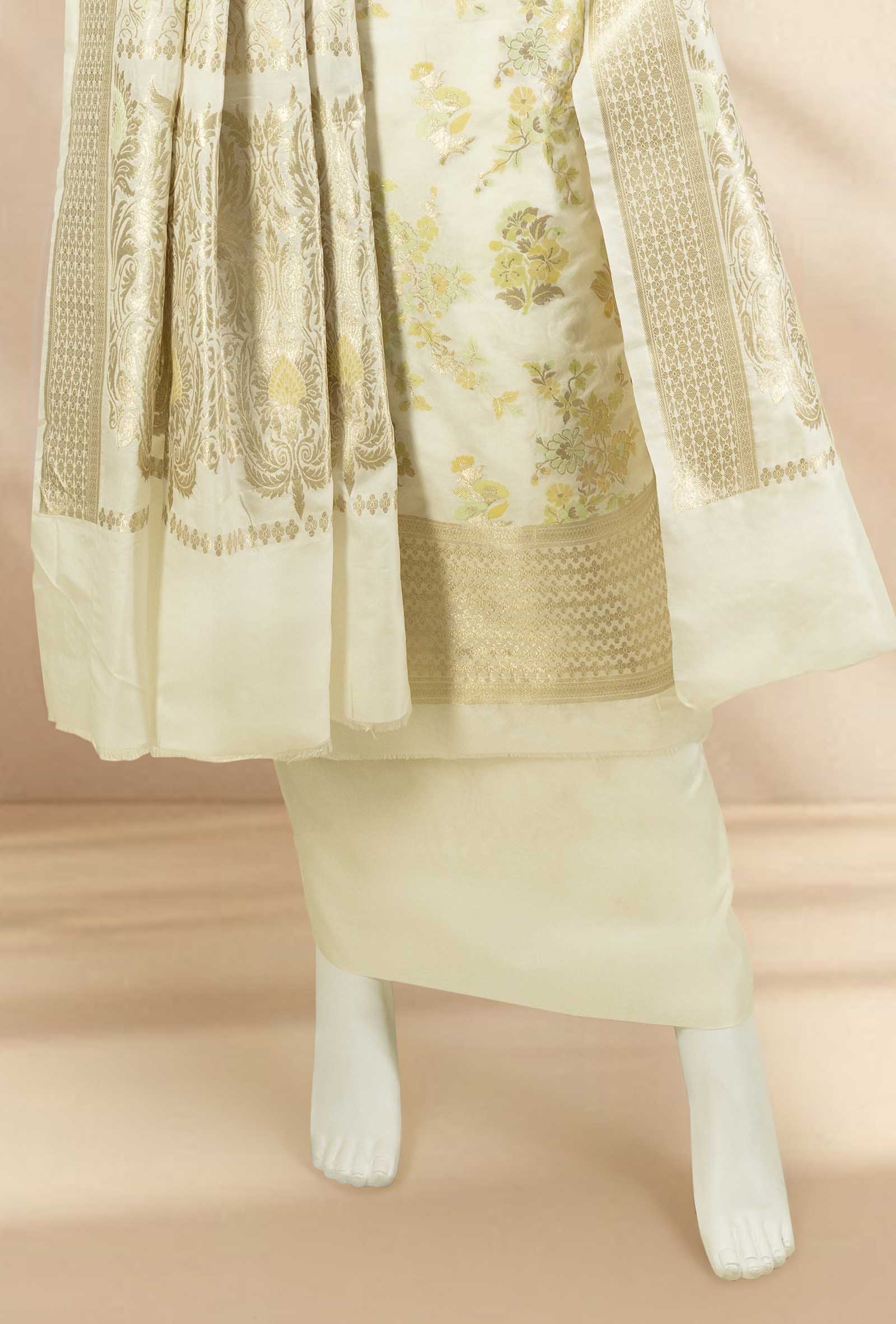 Cream Blossom Chanderi Silk Suit Set With Yellow & Green Floral Butta