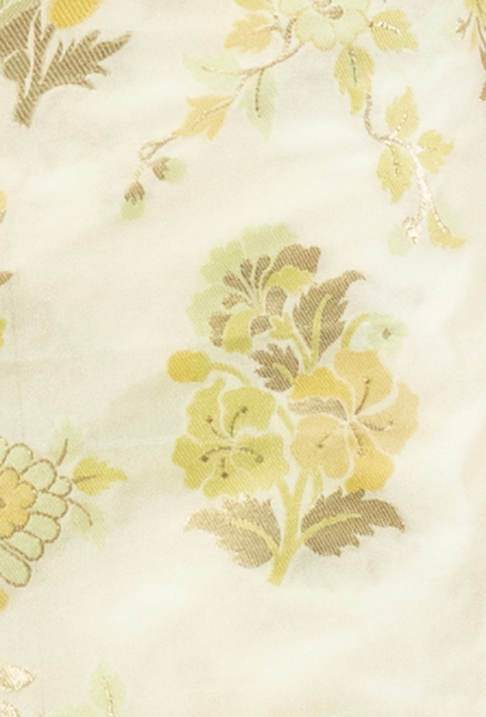 Cream Blossom Chanderi Silk Suit Set With Yellow & Green Floral Butta