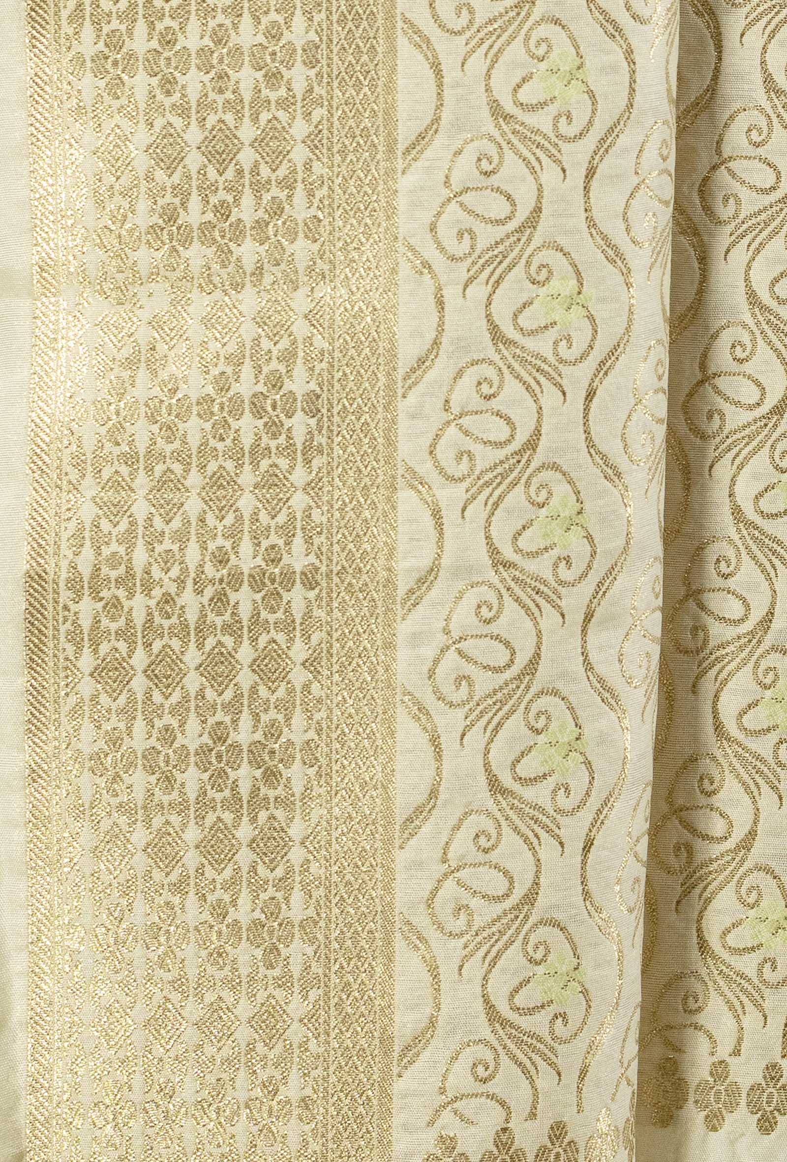 Cream Blossom Chanderi Silk Suit Set With Yellow & Green Floral Butta