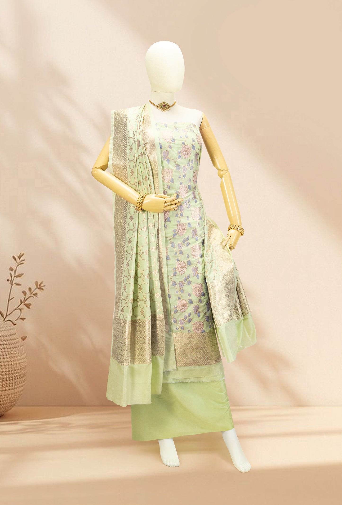 Pista Green Grace Chanderi Silk Kurta Set With Dupatta And Pants