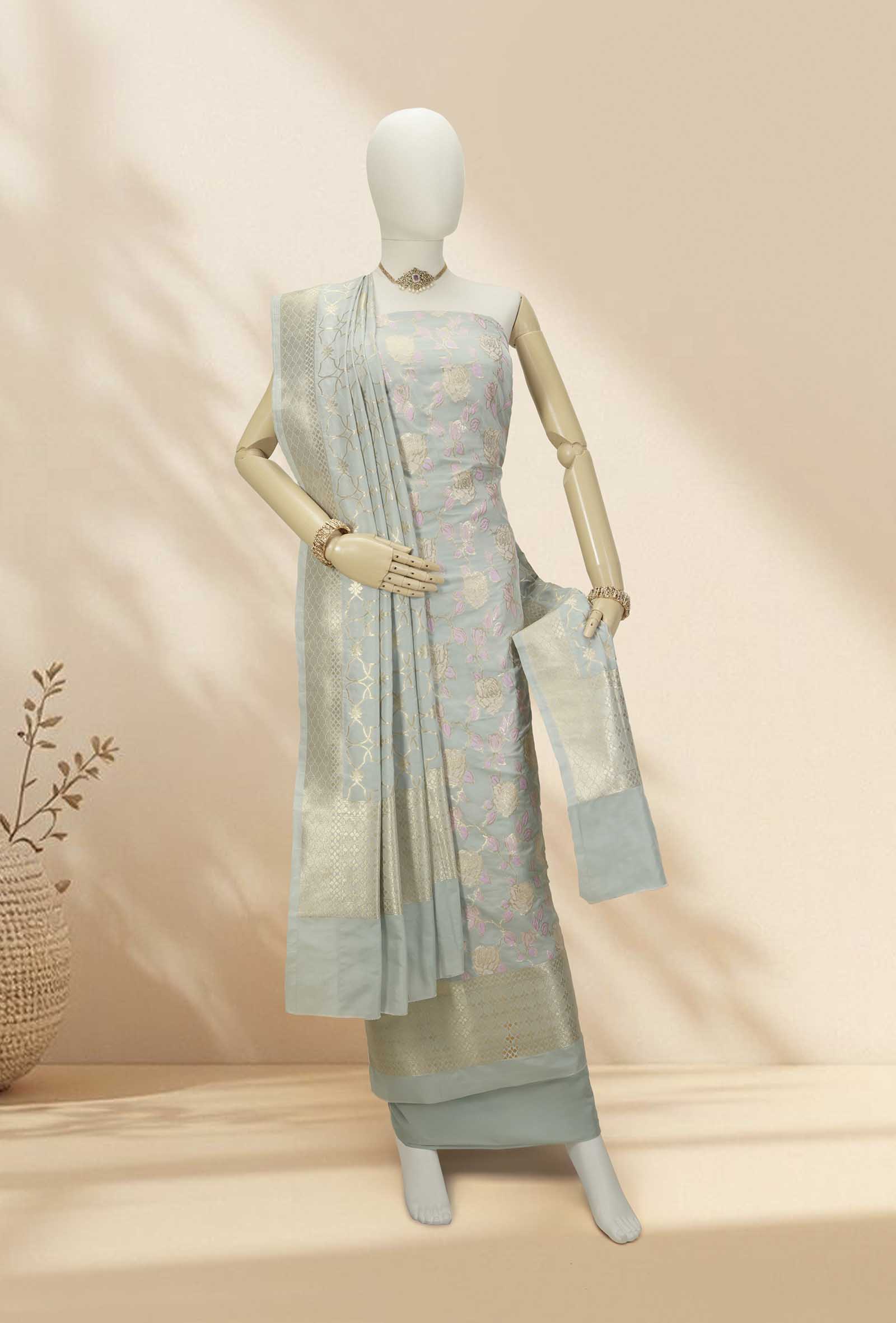 Powder Blue Chanderi Silk Kurta Set With Dupatta & Pants