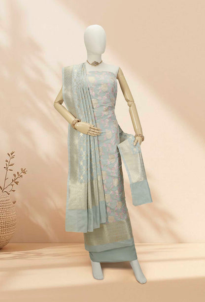 Powder Blue Chanderi Silk Kurta Set With Dupatta & Pants