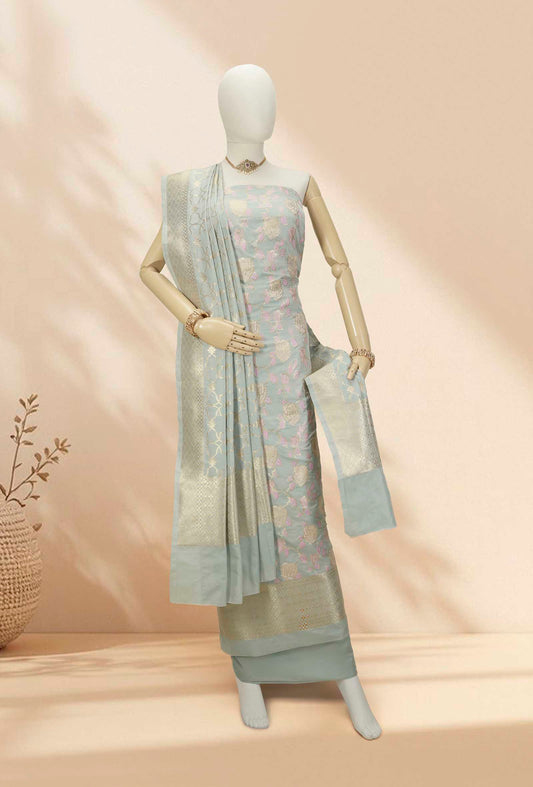 Powder Blue Chanderi Silk Kurta Set With Dupatta & Pants