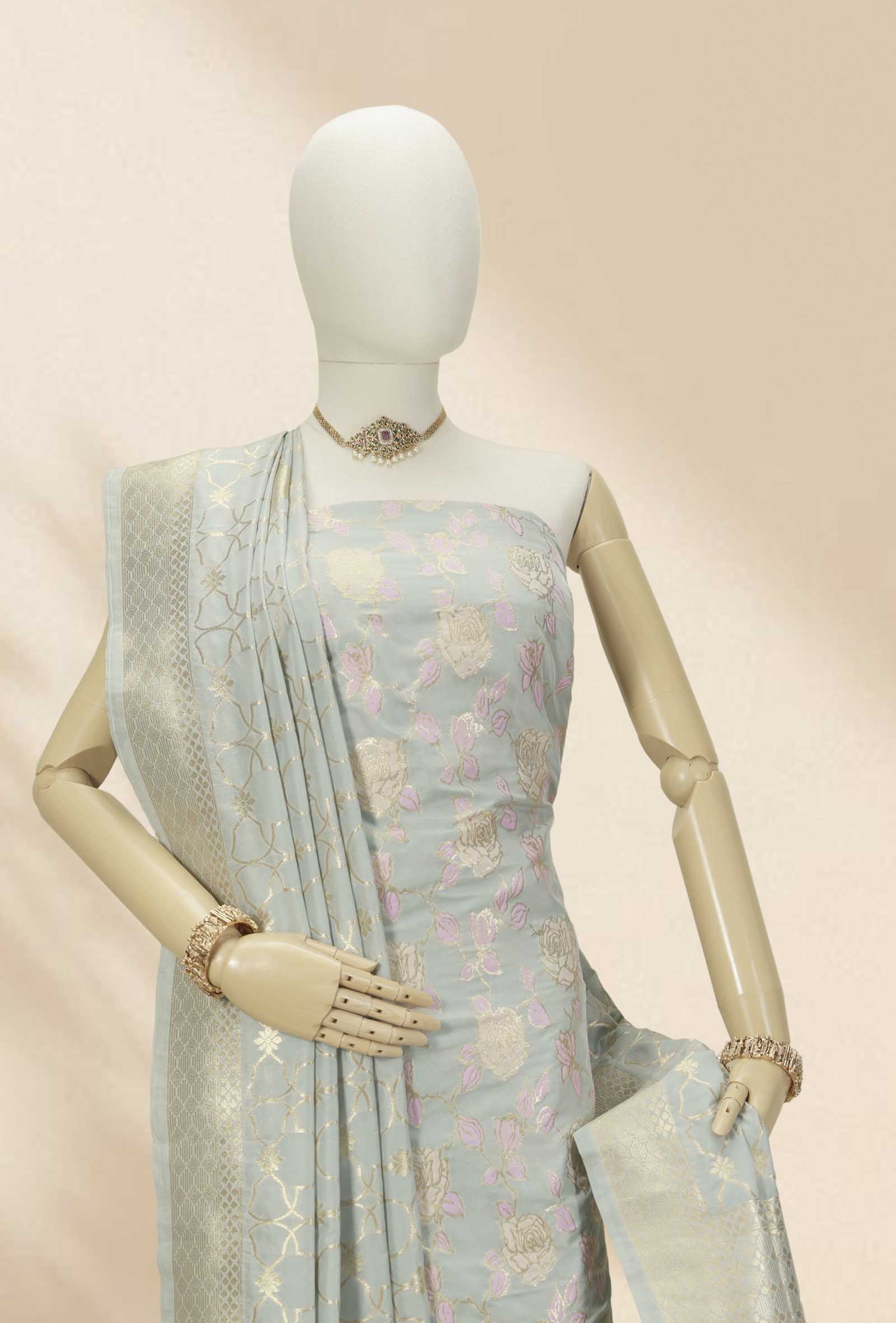 Powder Blue Chanderi Silk Kurta Set With Dupatta & Pants