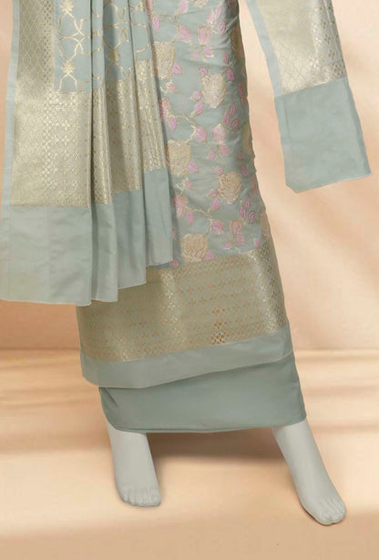 Powder Blue Chanderi Silk Kurta Set With Dupatta & Pants