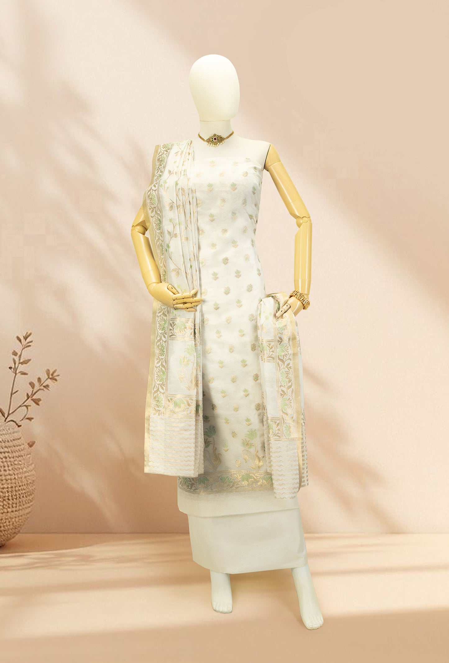 Ivory & Green Chanderi Suit Set