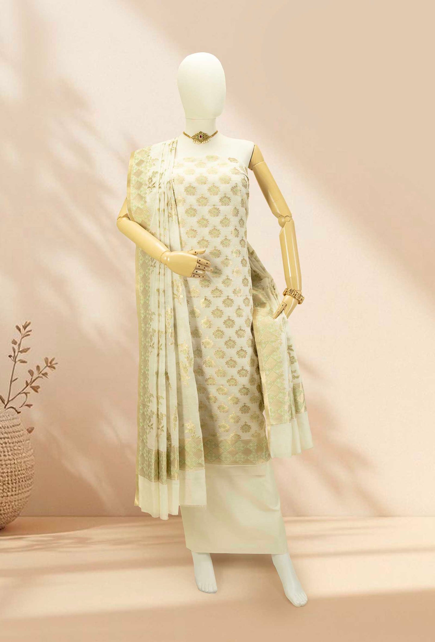 Cream & Green Chanderi Suit Set With Antique Gold Accents