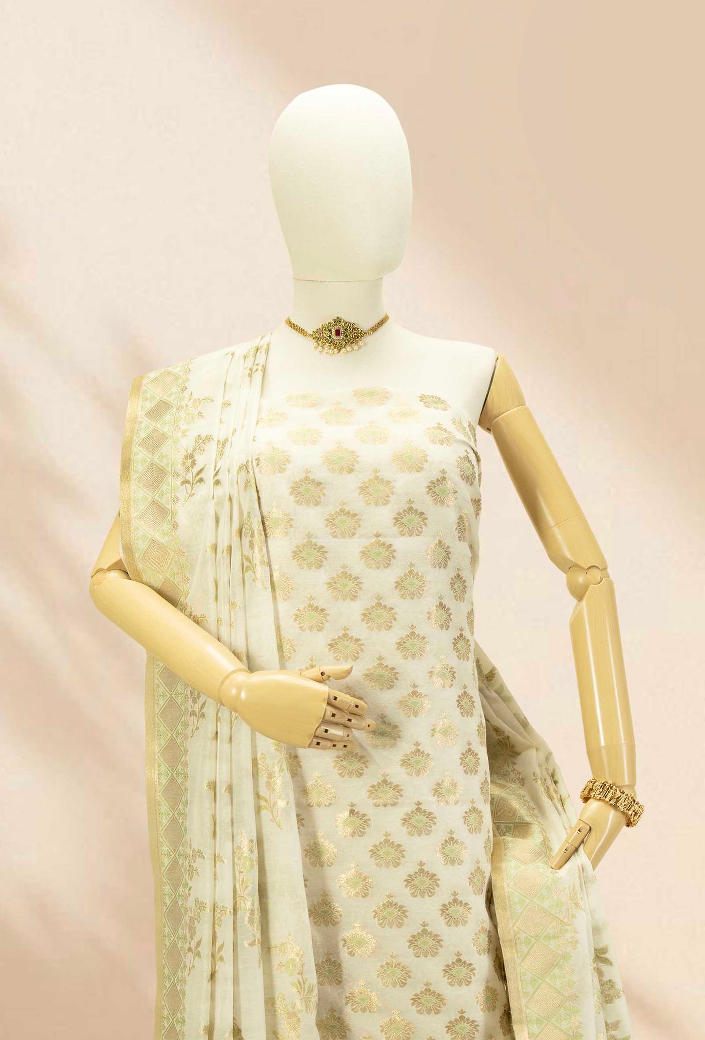 Cream & Green Chanderi Suit Set With Antique Gold Accents