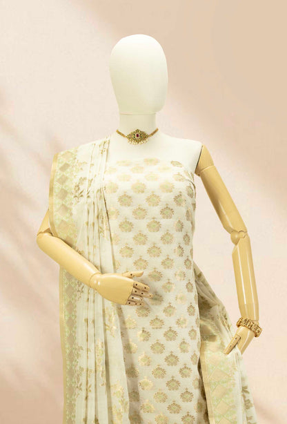 Cream & Green Chanderi Suit Set With Antique Gold Accents