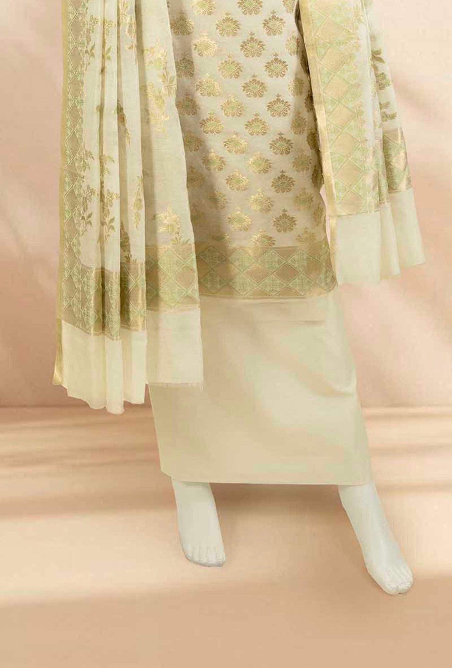 Cream & Green Chanderi Suit Set With Antique Gold Accents