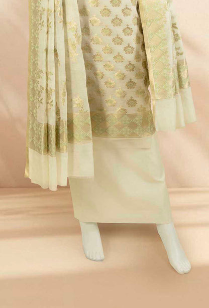 Cream & Green Chanderi Suit Set With Antique Gold Accents