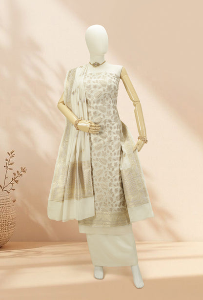 Cream & Lylac Chanderi Suit Set With Antique Gold Highlights