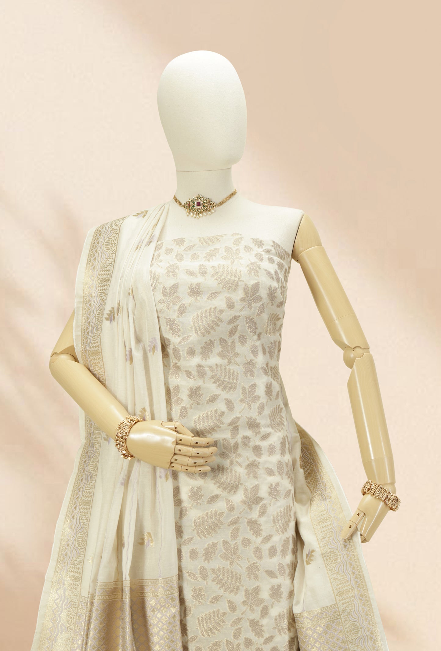 Cream & Lylac Chanderi Suit Set With Antique Gold Highlights