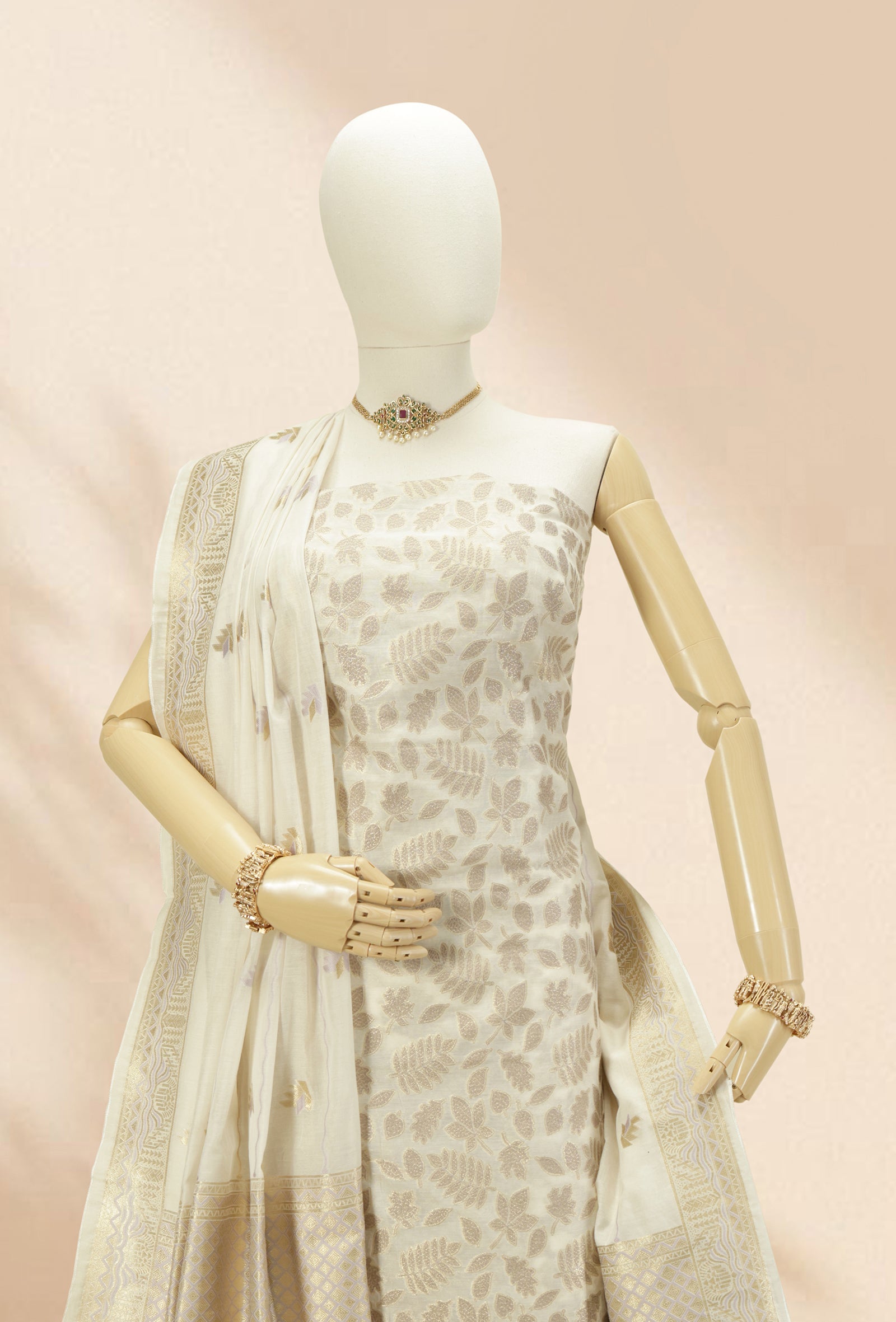 Cream & Lylac Chanderi Suit Set With Antique Gold Highlights