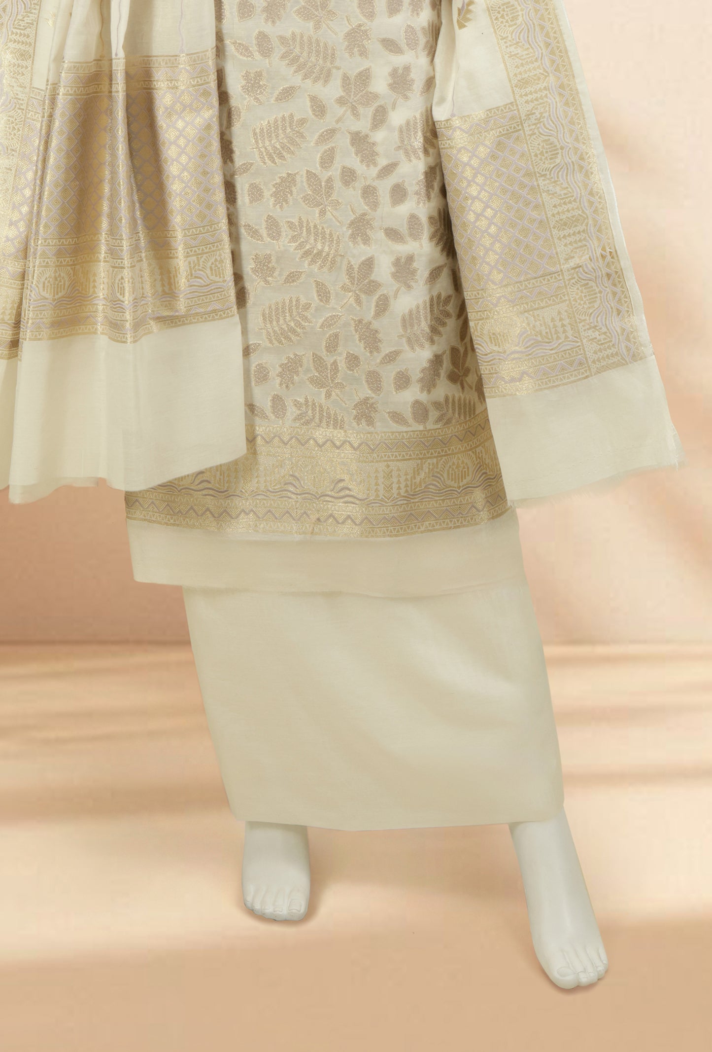 Cream & Lylac Chanderi Suit Set With Antique Gold Highlights