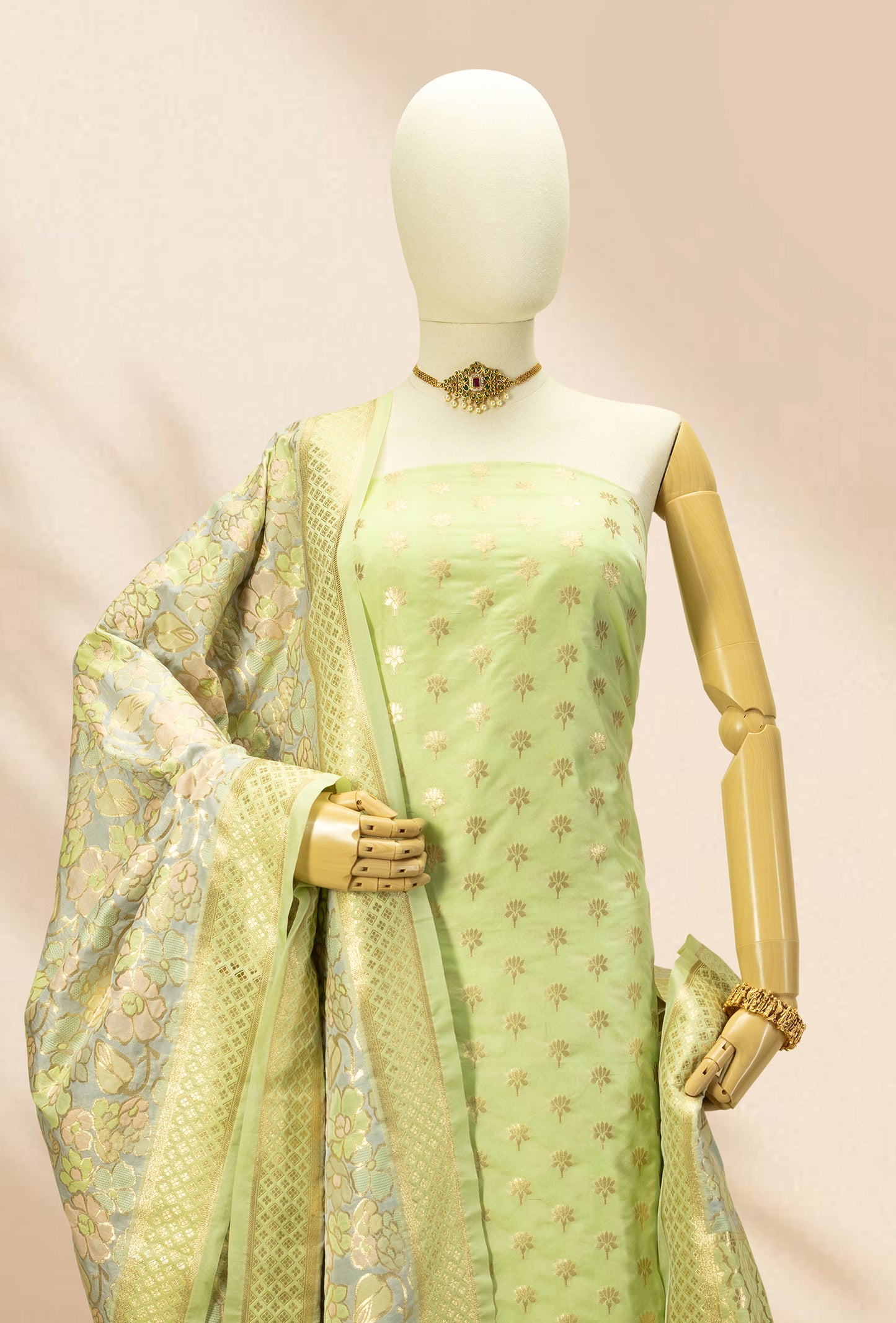Pista Green & Powder Blue Chanderi Silk Suit Set