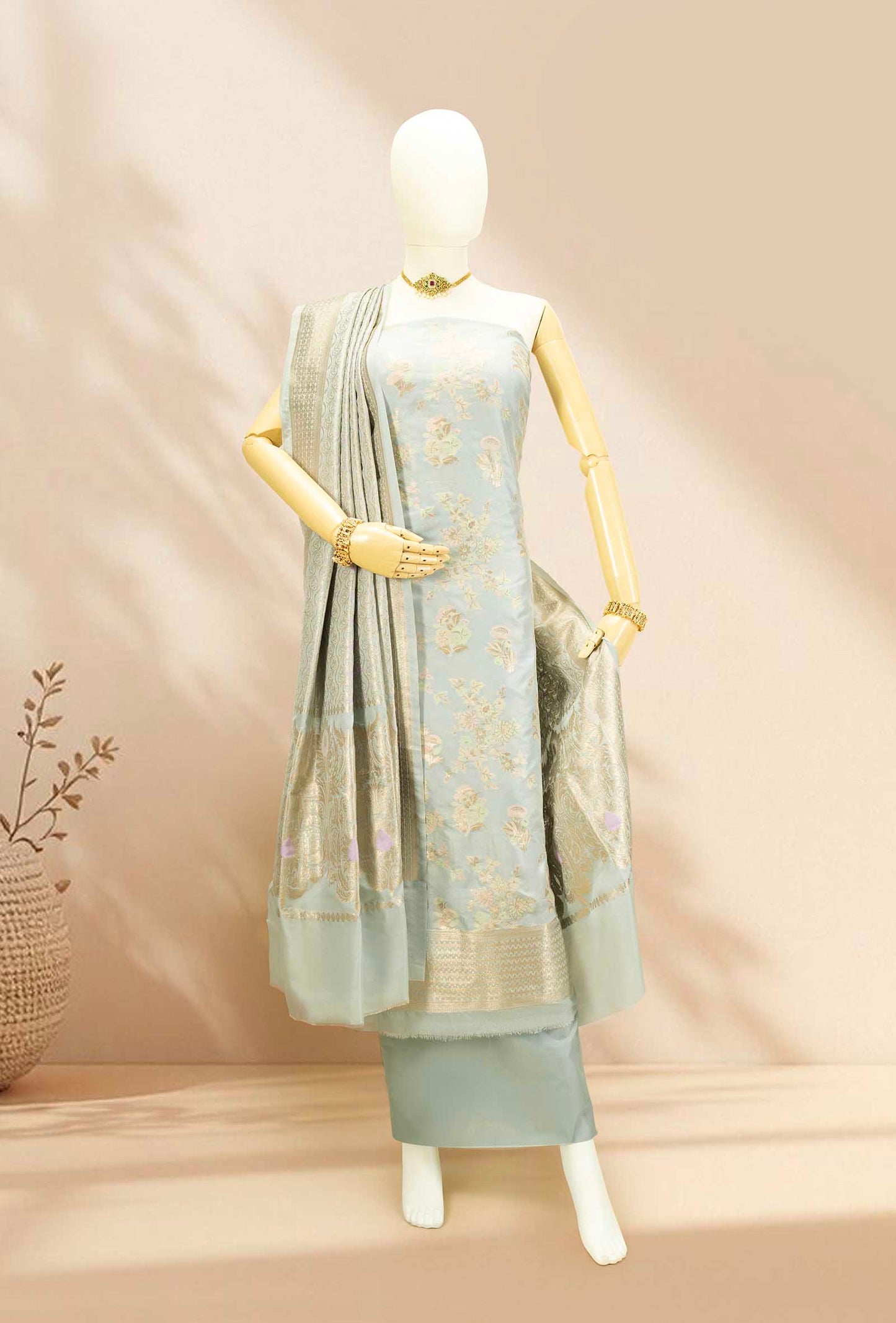 Antique Gold Chanderi Silk Kurta, Dupatta & Pants Set