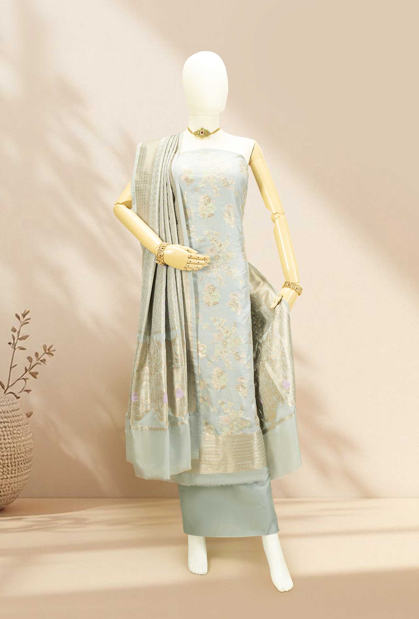 Antique Gold Chanderi Silk Kurta, Dupatta & Pants Set