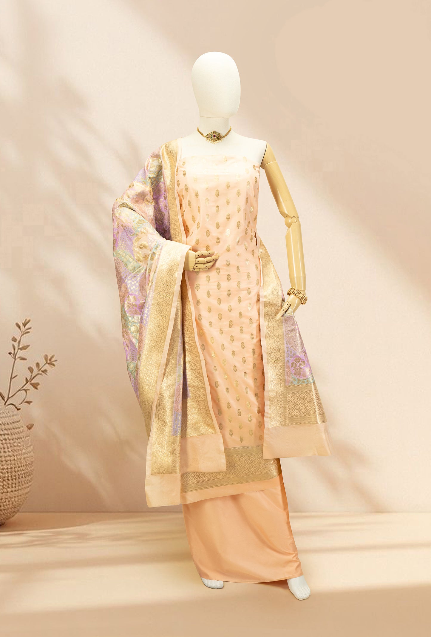 Peach Chanderi Silk Kurta, Dupatta & Pants Set