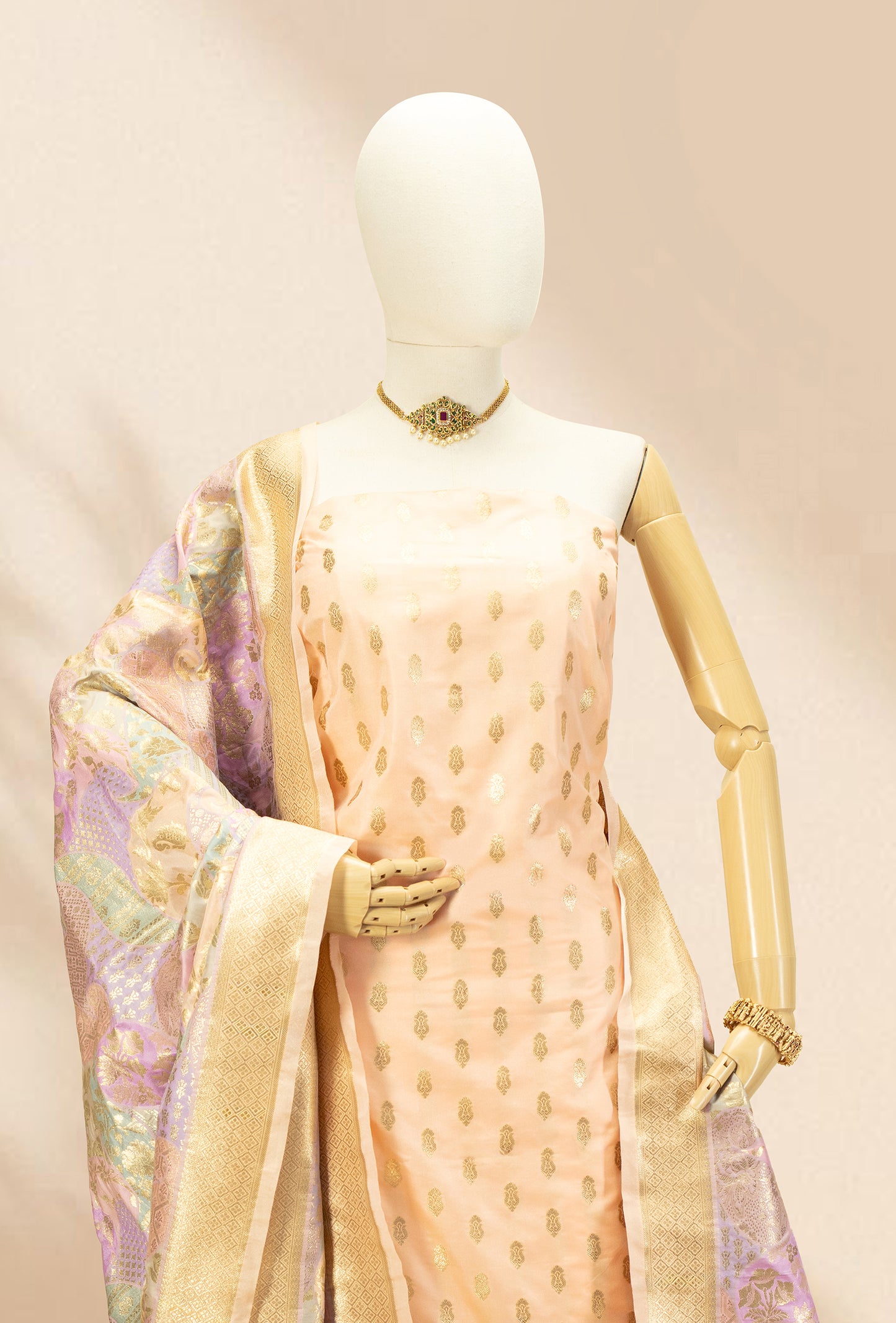 Peach Chanderi Silk Kurta, Dupatta & Pants Set