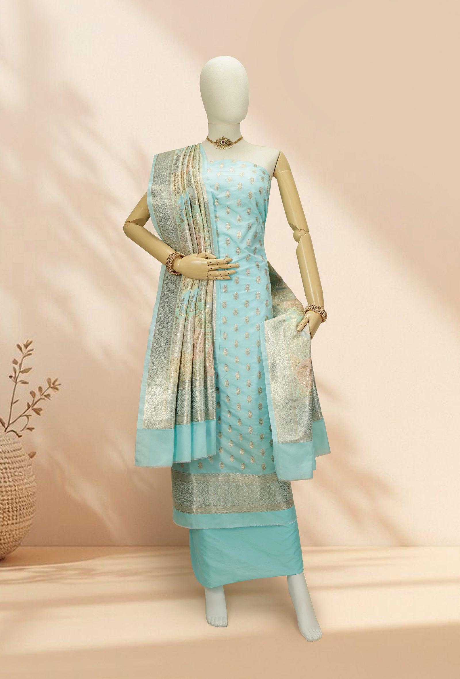 Firozi Chanderi Silk Kurta, Dupatta & Pants Set