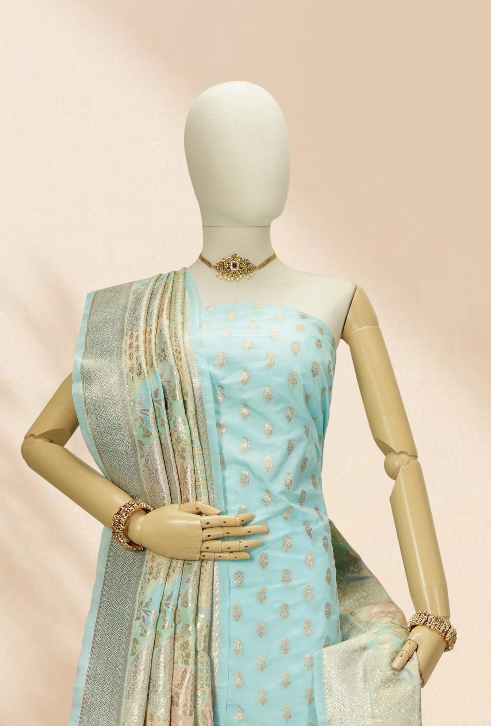 Firozi Chanderi Silk Kurta, Dupatta & Pants Set