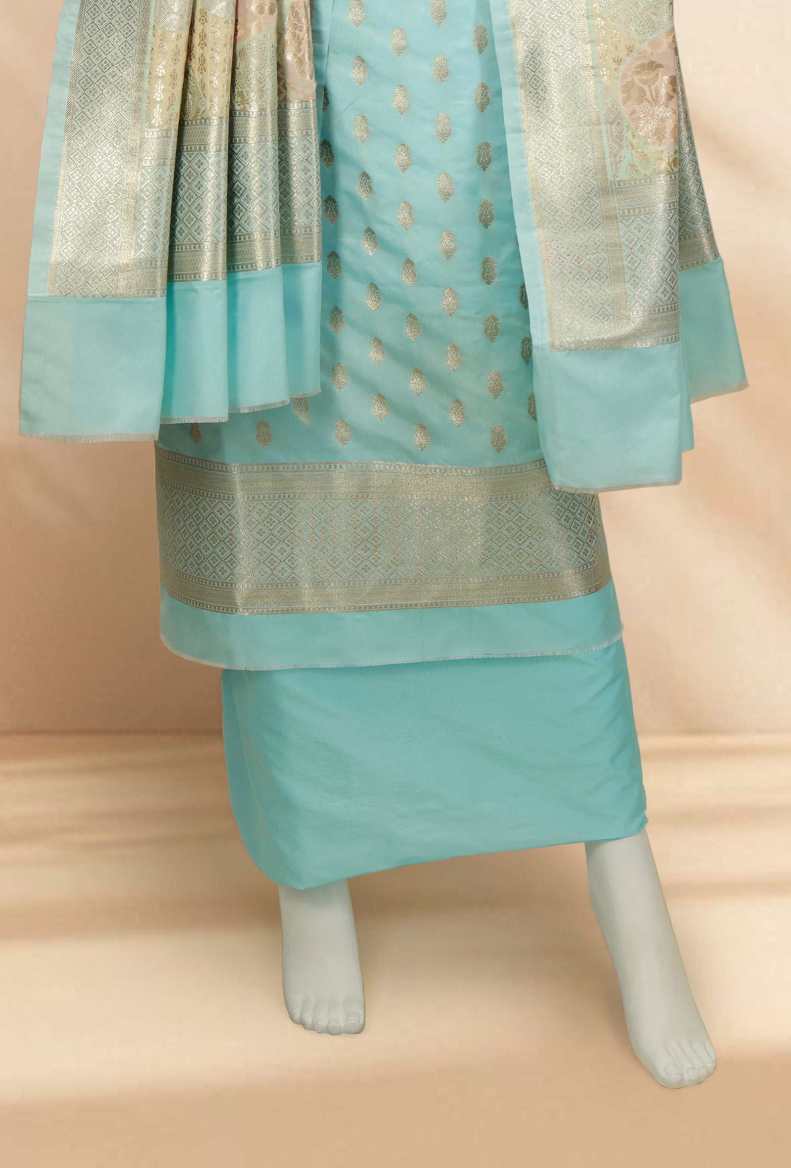 Firozi Chanderi Silk Kurta, Dupatta & Pants Set