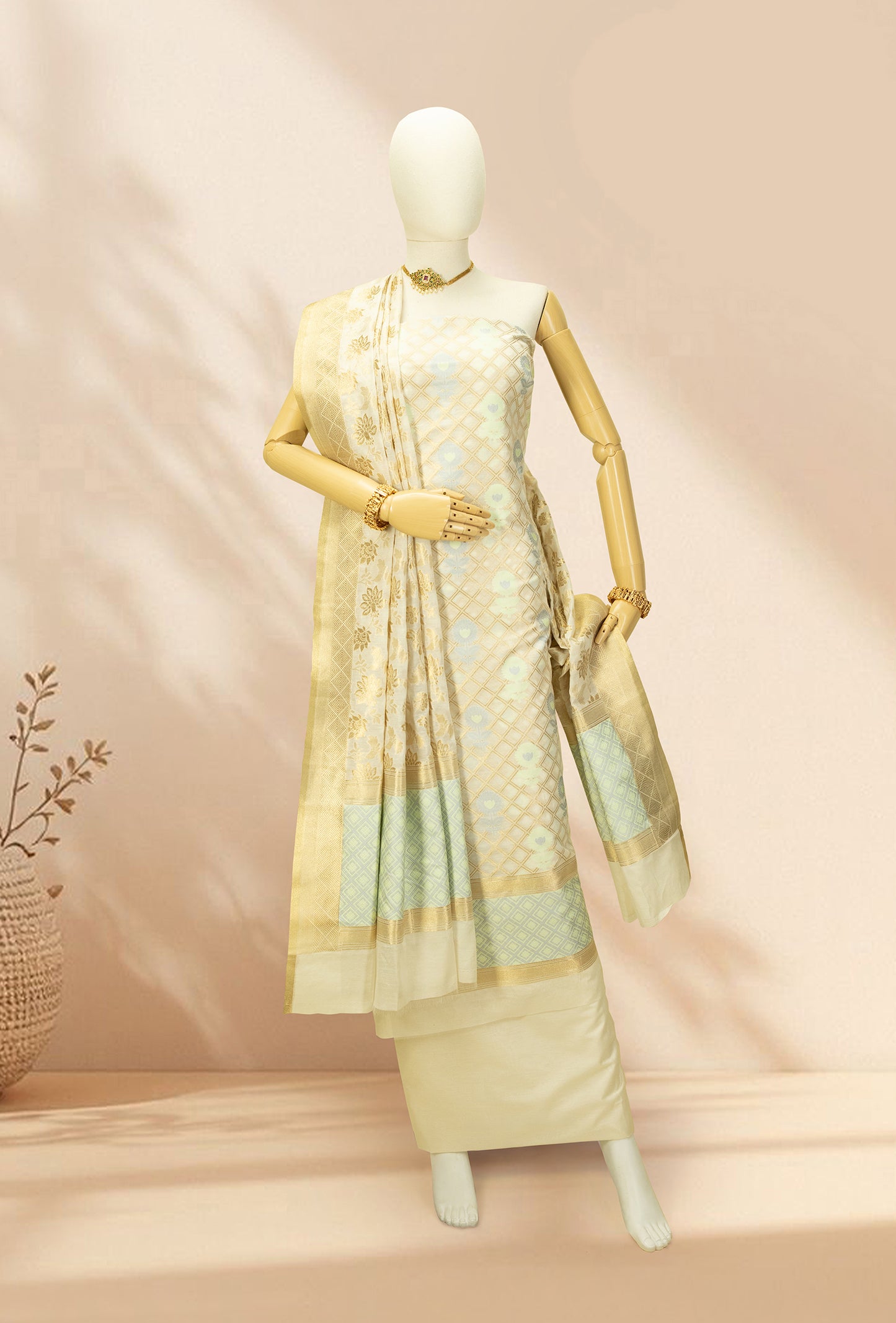 Cream Chanderi Kurta, Dupatta & Pants Set