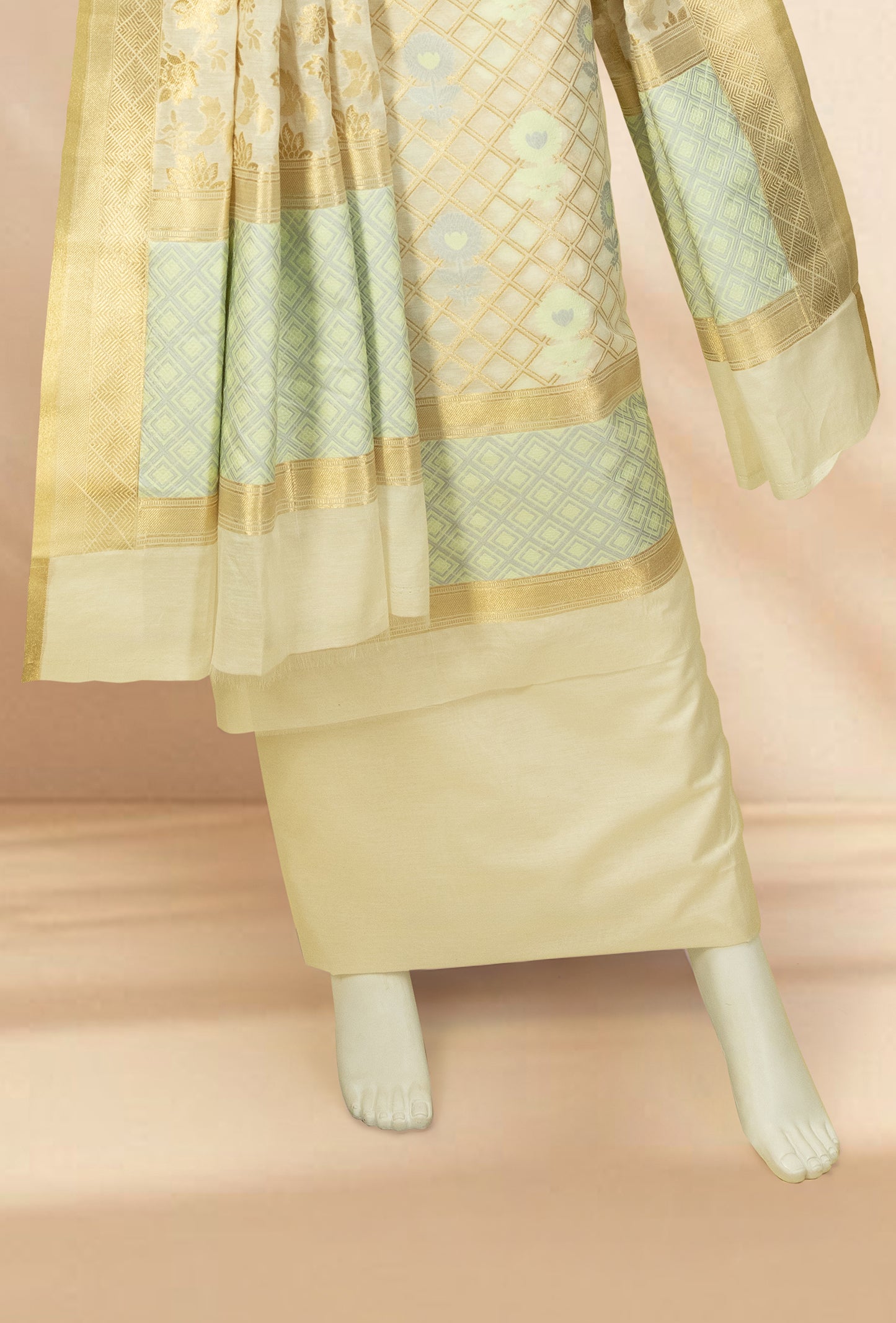 Cream Chanderi Kurta, Dupatta & Pants Set