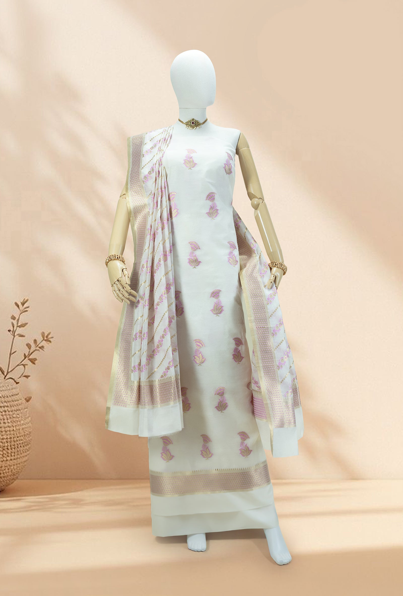 Ivory Chanderi Kurta, Dupatta & Pants Set