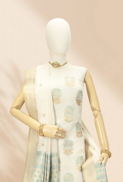 Pastel Blue & Ivory Chanderi Kurta, Dupatta & Pants Set